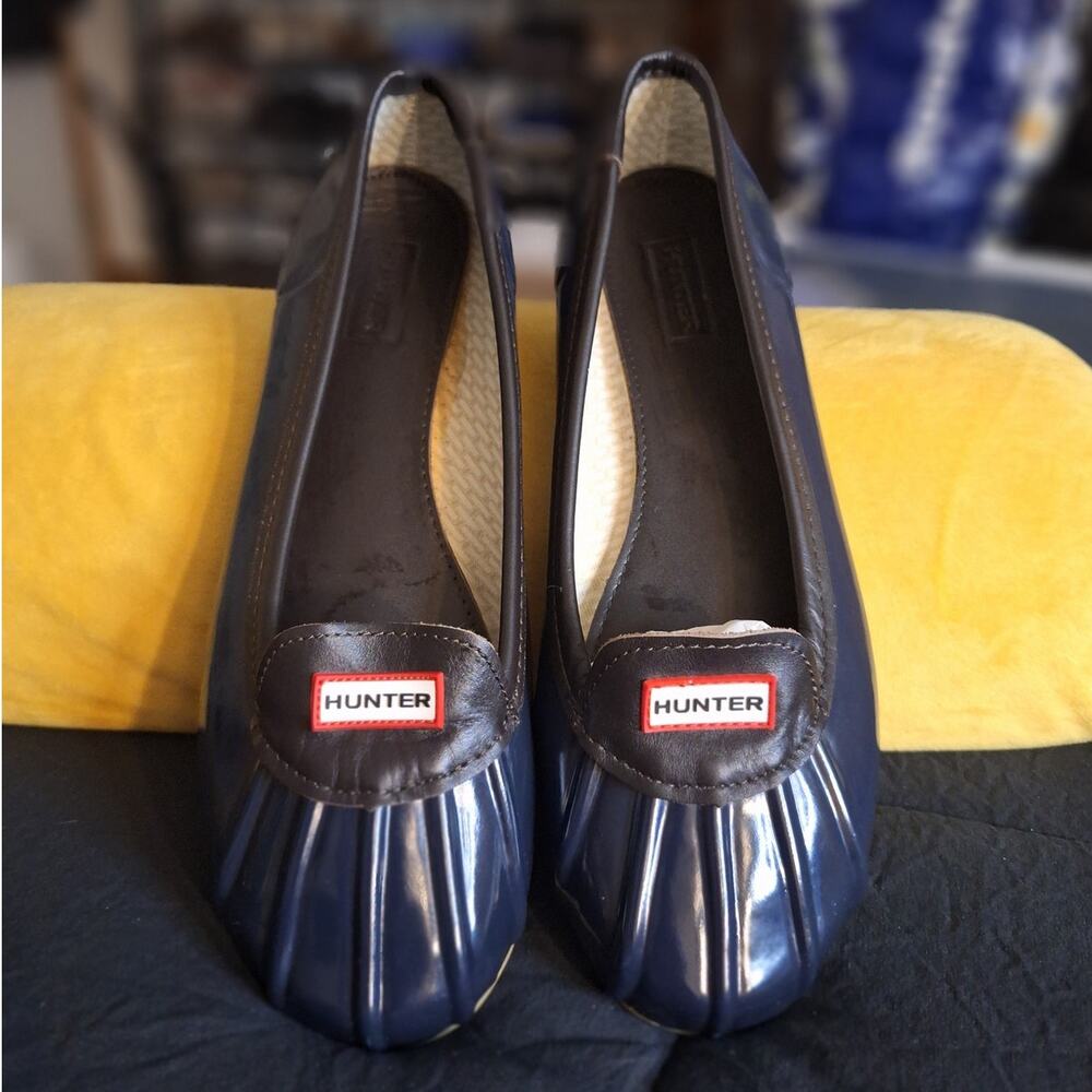 Hunter Flats Women's 10 Navy Blue Rubber Leather Logo Outdoor Nature Waterproof